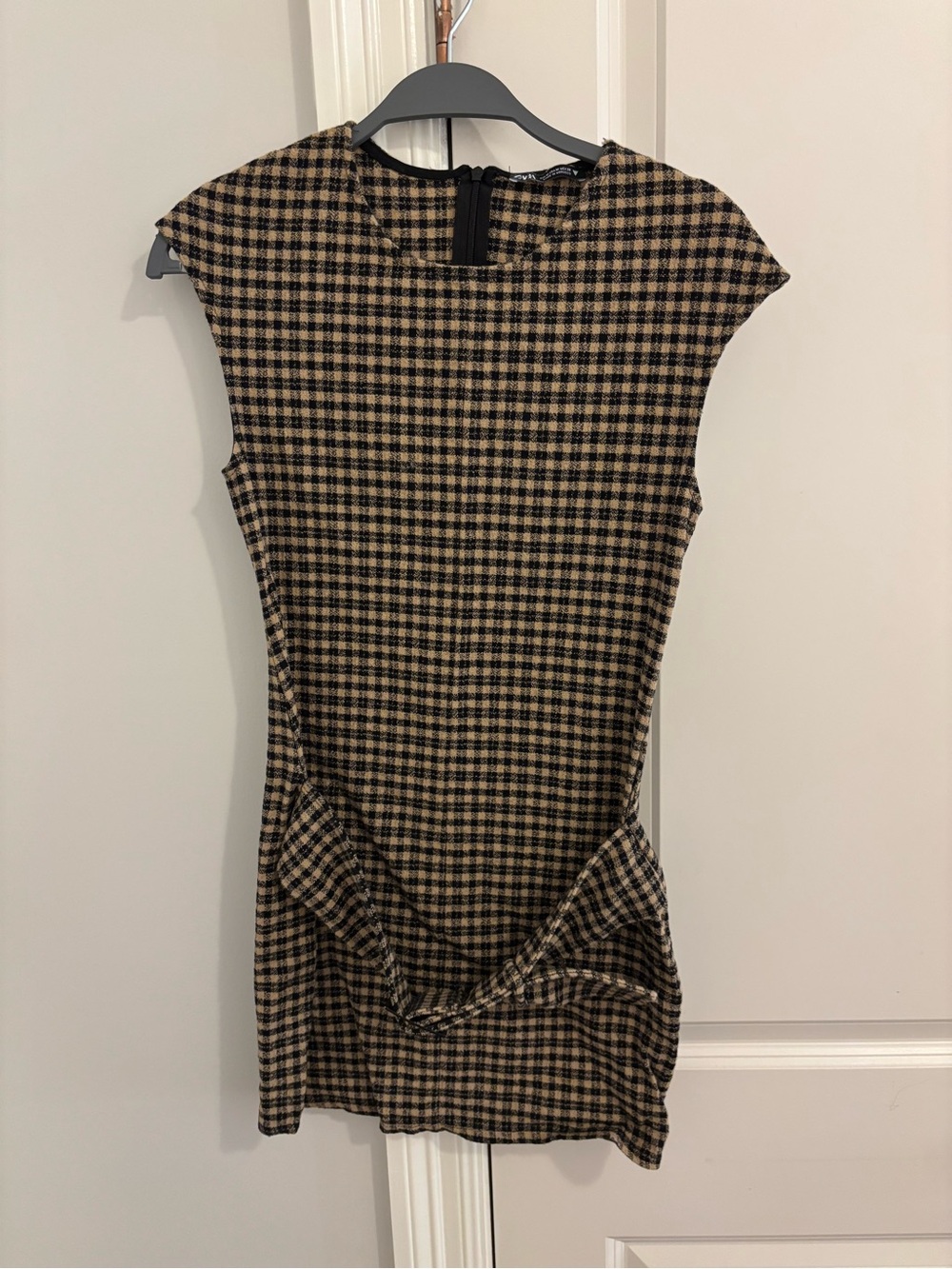 Zara Brown and Black Checked Cap-Sleeve Mini Dress